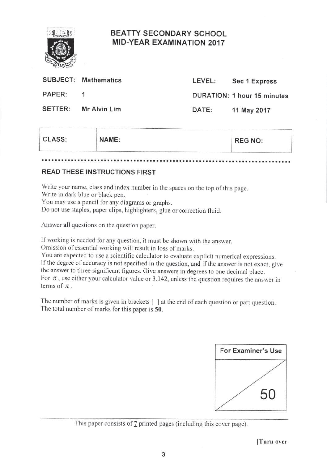 sec 1 math past year papers